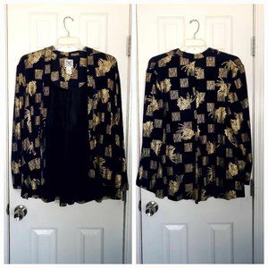 Sz16 R & M Richards Karen Kwong Navy Slinky Traveler Knit Jacket Gold Print